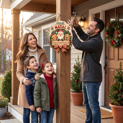 Personalized Feliz Natal Santa Gingerbread Reindeer Custom Shape Wood Sign, Custom Family Name Merry Christmas Hanging Wooden Plaque, Holiday Door & Wall Decor Family Gift