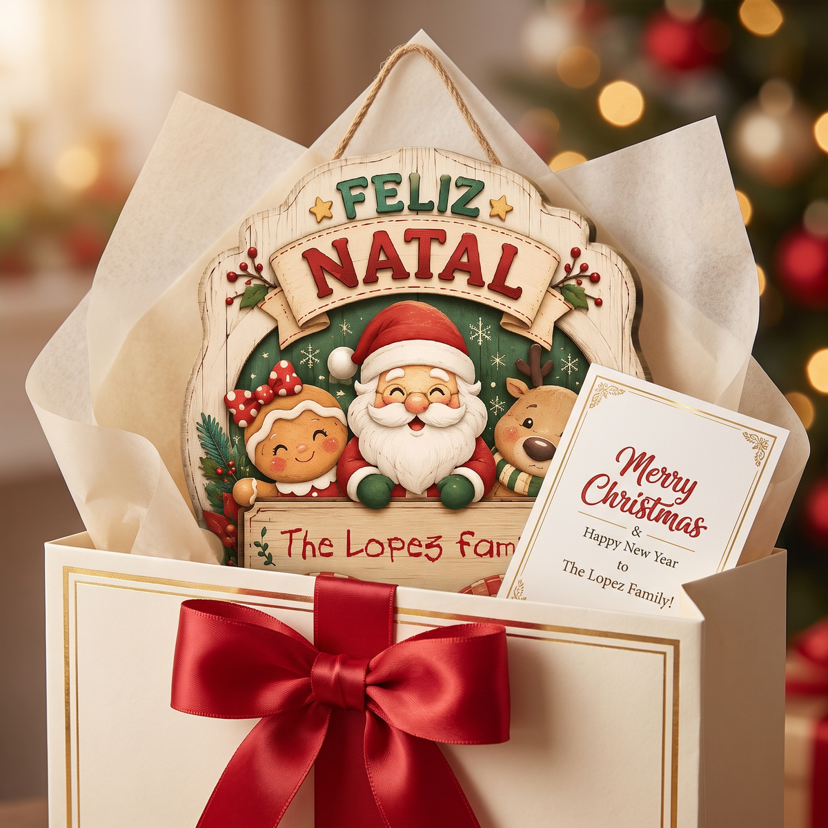 Personalized Feliz Natal Santa Gingerbread Reindeer Custom Shape Wood Sign, Custom Family Name Merry Christmas Hanging Wooden Plaque, Holiday Door & Wall Decor Family Gift
