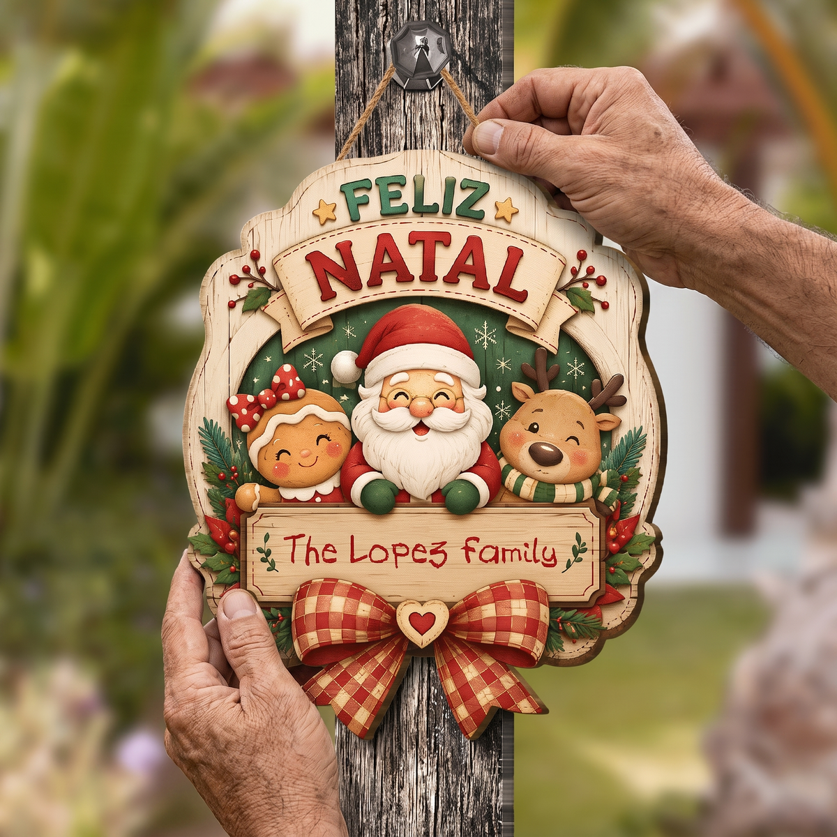 Personalized Feliz Natal Santa Gingerbread Reindeer Custom Shape Wood Sign, Custom Family Name Merry Christmas Hanging Wooden Plaque, Holiday Door & Wall Decor Family Gift