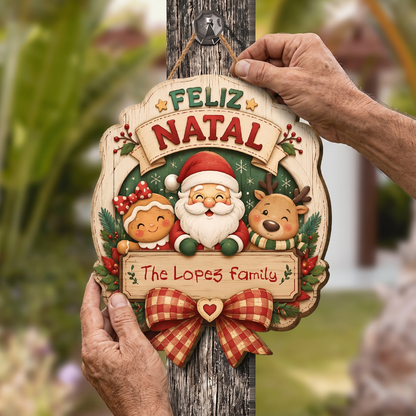 Personalized Feliz Natal Santa Gingerbread Reindeer Custom Shape Wood Sign, Custom Family Name Merry Christmas Hanging Wooden Plaque, Holiday Door & Wall Decor Family Gift
