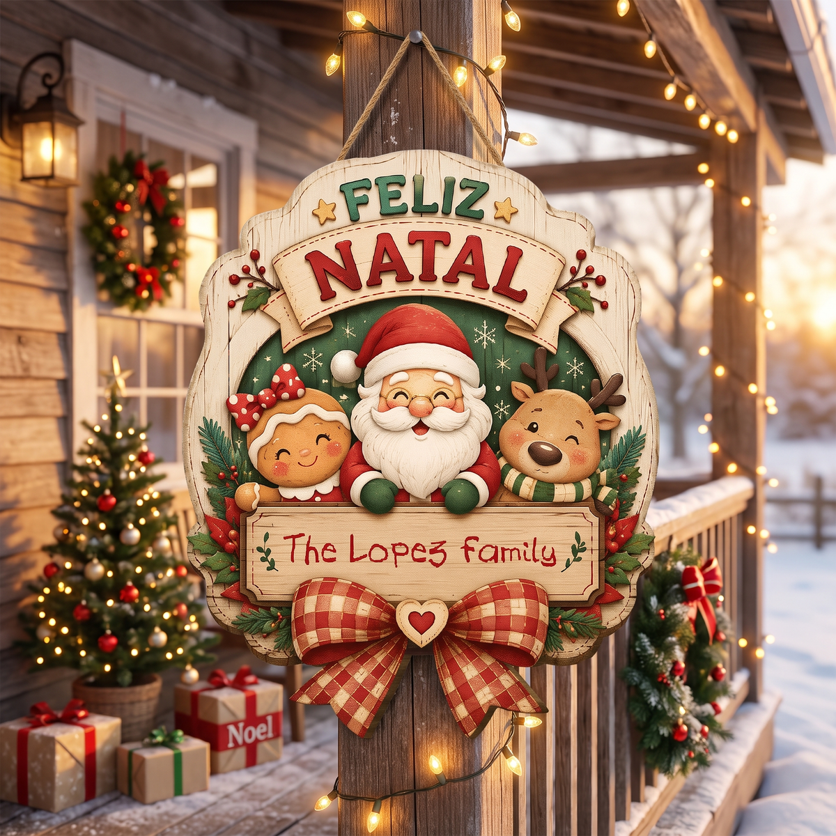 Personalized Feliz Natal Santa Gingerbread Reindeer Custom Shape Wood Sign, Custom Family Name Merry Christmas Hanging Wooden Plaque, Holiday Door & Wall Decor Family Gift