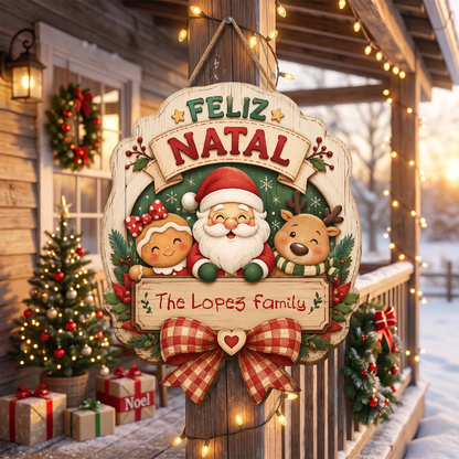 Personalized Feliz Natal Santa Gingerbread Reindeer Custom Shape Wood Sign, Custom Family Name Merry Christmas Hanging Wooden Plaque, Holiday Door & Wall Decor Family Gift