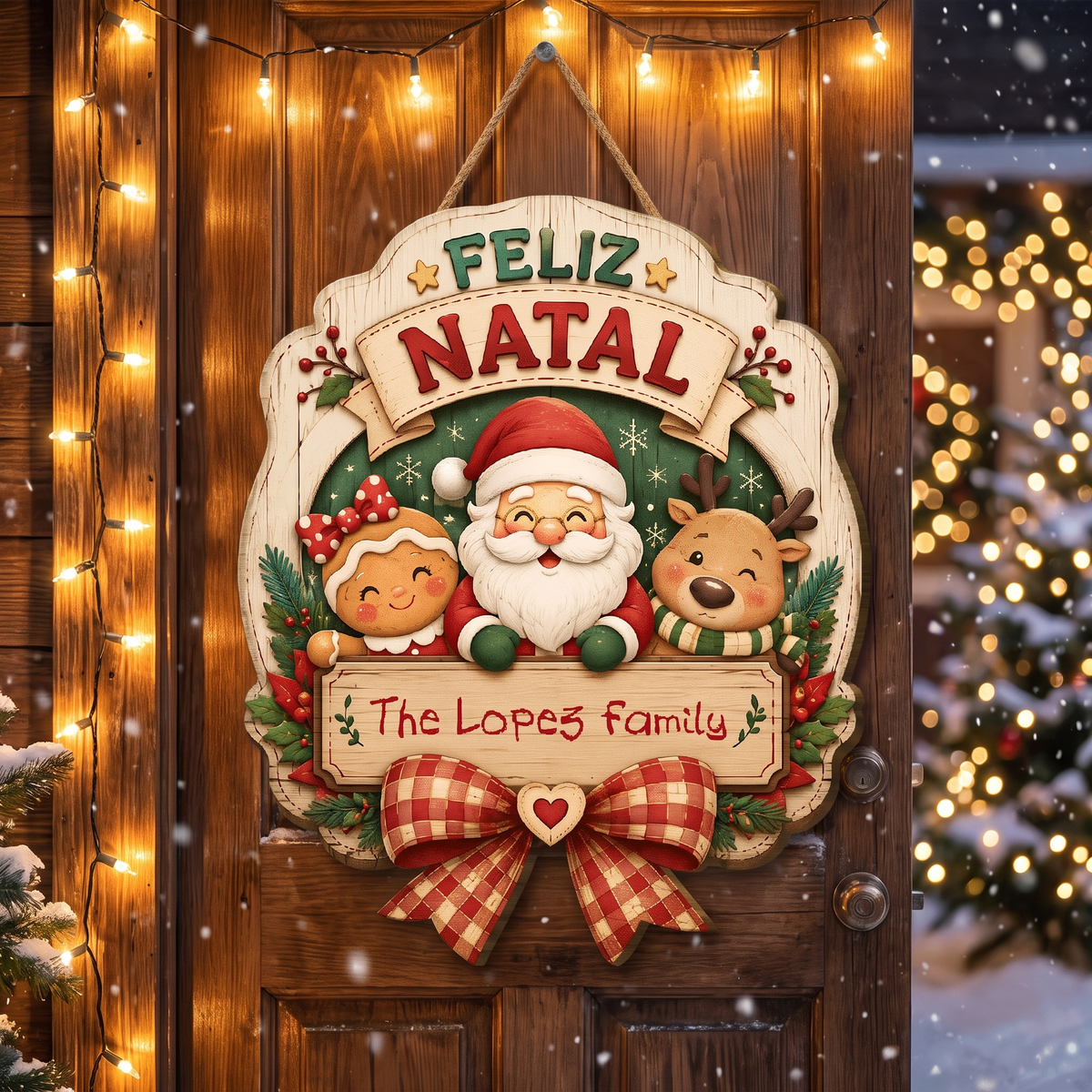 Personalized Feliz Natal Santa Gingerbread Reindeer Custom Shape Wood Sign, Custom Family Name Merry Christmas Hanging Wooden Plaque, Holiday Door & Wall Decor Family Gift