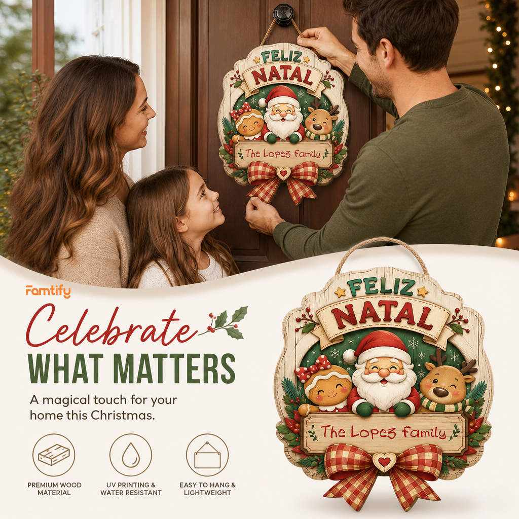 Personalized Feliz Natal Santa Gingerbread Reindeer Custom Shape Wood Sign, Custom Family Name Merry Christmas Hanging Wooden Plaque, Holiday Door & Wall Decor Family Gift