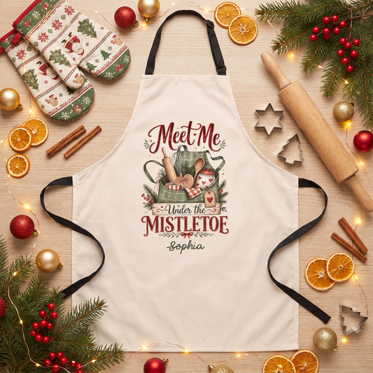 Cream Meet Me Under the Mistletoe apron with vintage baking basket art and custom name, flat lay