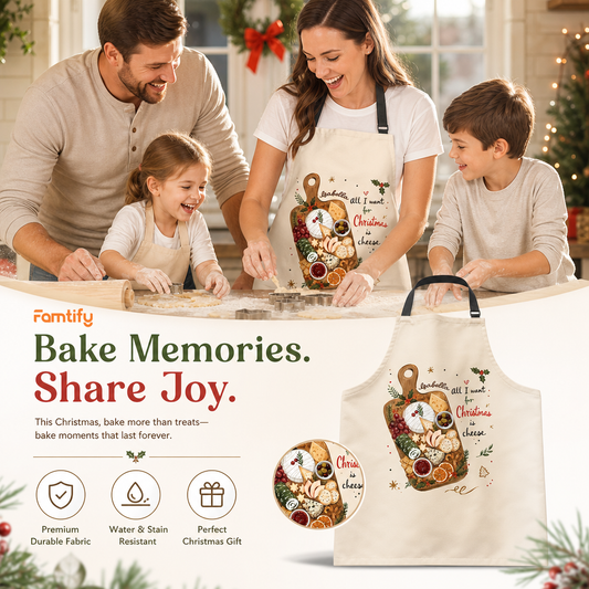Bake Memories. Share Joy. banner with a family baking and a cream Christmas cheese board apron