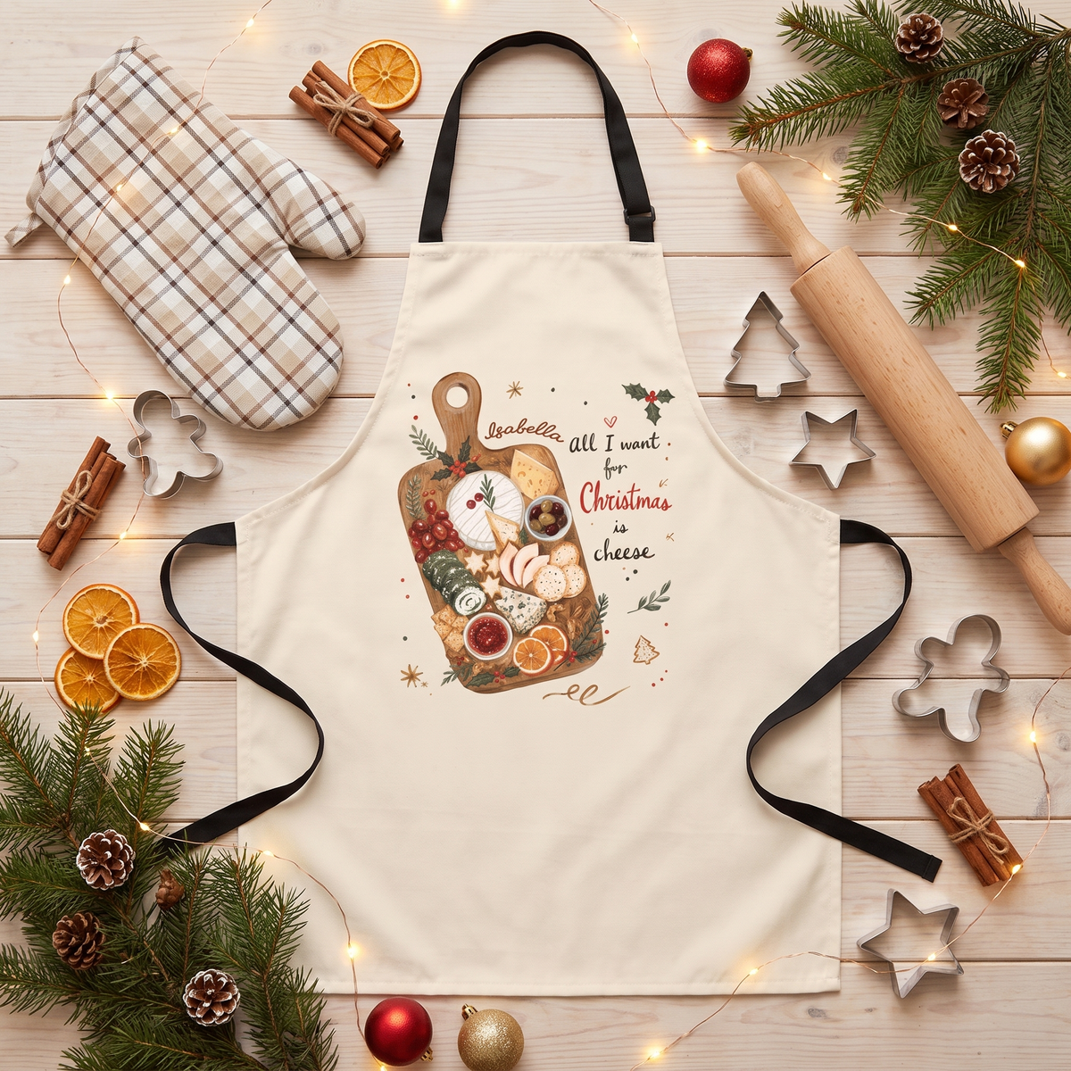 Personalized Christmas Cheese Board Apron - Custom Holiday Cooking Apron
