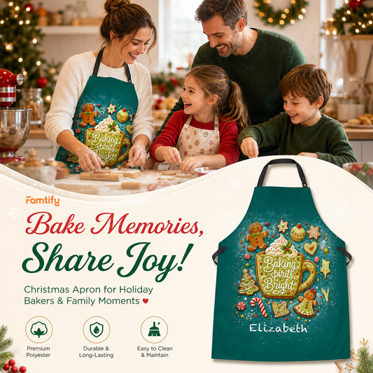 Bake Memories, Share Joy banner with a family baking and a teal Baking Spirits Bright apron