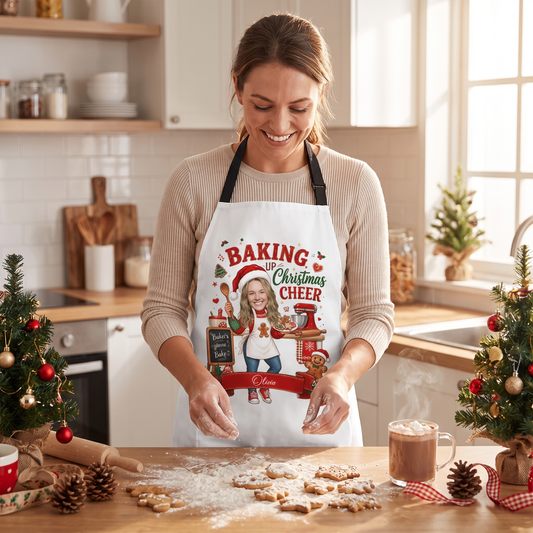 Smiling woman shaping cookies in a white Baking Up Christmas Cheer custom face apron