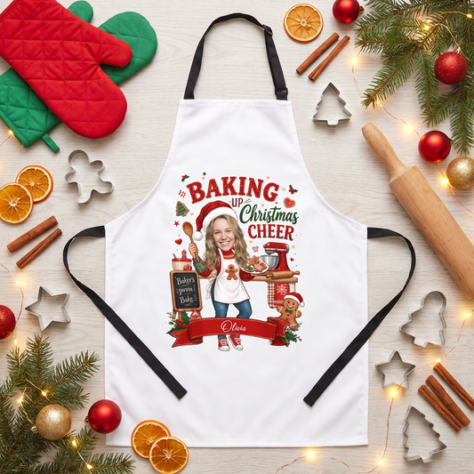 White Baking Up Christmas Cheer apron with custom photo face baker, gingerbread, mixer and name banner, flat lay