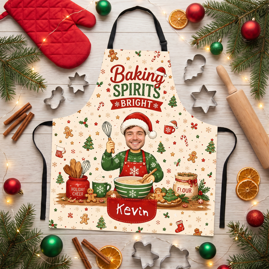 Cream Baking Spirits Bright apron with custom photo face baker in an elf sweater and name bowl, flat lay