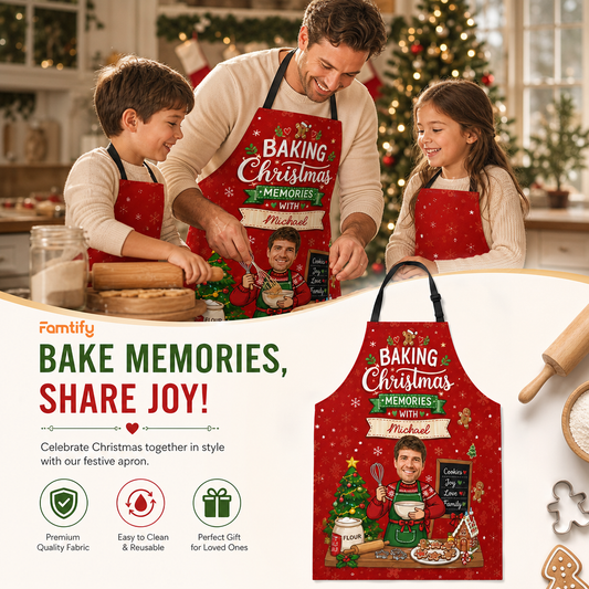 Bake Memories, Share Joy banner with a dad and kids baking in a red Baking Christmas Memories apron