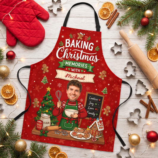 Red Baking Christmas Memories With custom name apron featuring a custom photo face baker, flat lay