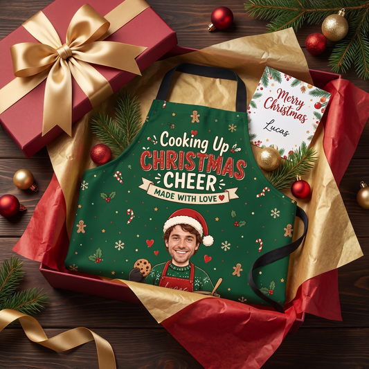 Green Cooking Up Christmas Cheer custom face apron in a red gift box with gold ribbon and card