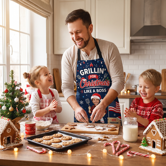 Dad baking cookies with two kids while wearing a navy Grillin For Christmas custom face apron