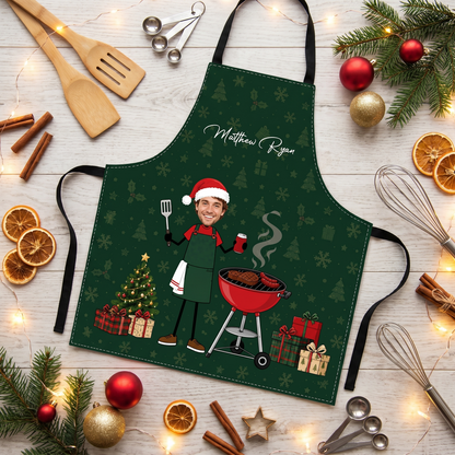 Personalized Christmas BBQ Apron with Photo & Name, Custom Grill Master Apron, Funny Holiday Gift for Dad, Husband & Grandpa