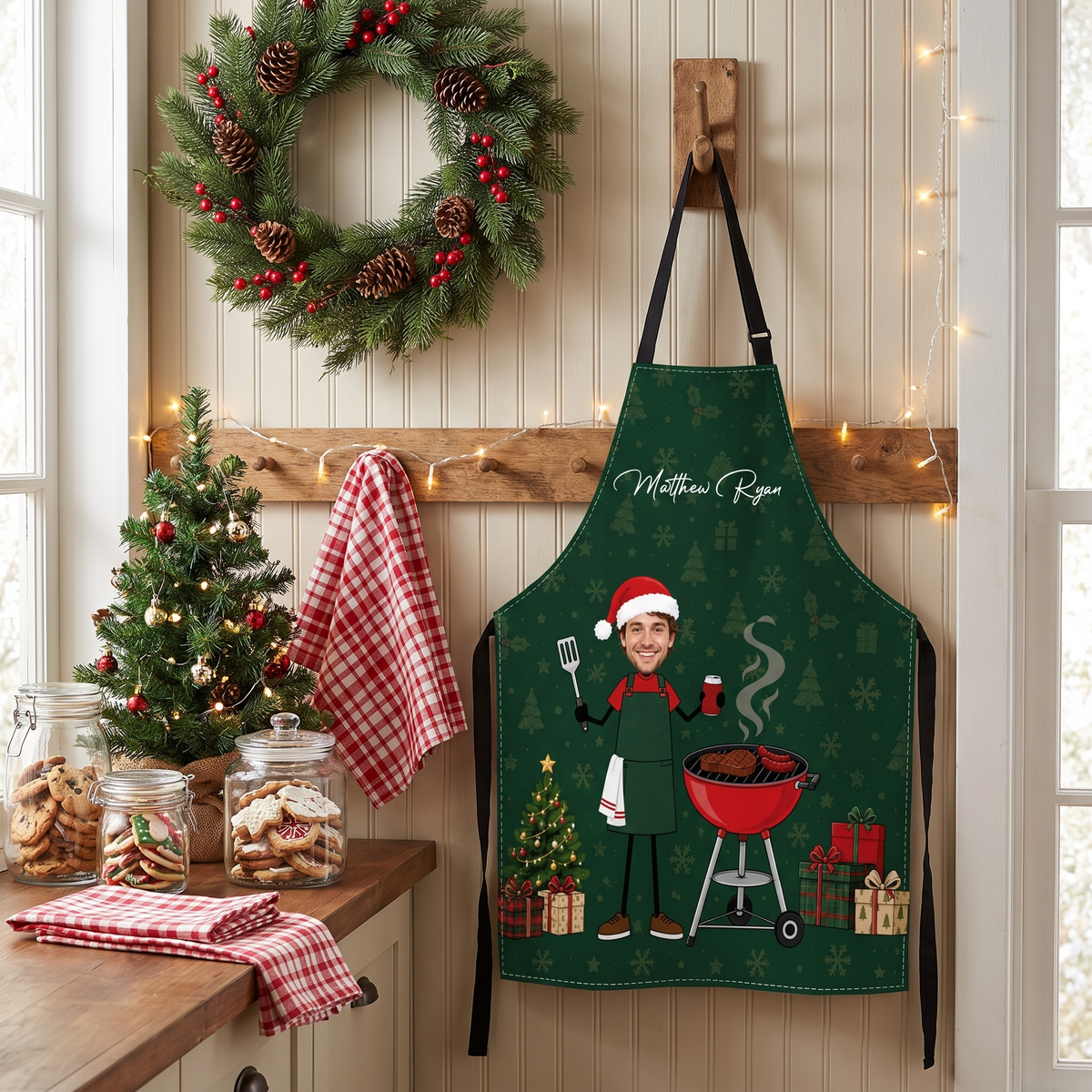 Personalized Christmas BBQ Apron with Photo & Name, Custom Grill Master Apron, Funny Holiday Gift for Dad, Husband & Grandpa