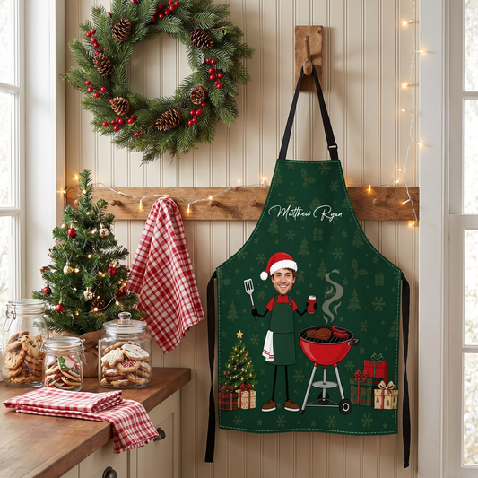 Personalized Christmas BBQ Apron with Photo & Name, Custom Grill Master Apron, Funny Holiday Gift for Dad, Husband & Grandpa