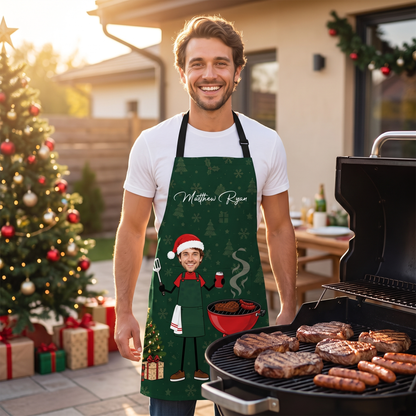 Personalized Christmas BBQ Apron with Photo & Name, Custom Grill Master Apron, Funny Holiday Gift for Dad, Husband & Grandpa