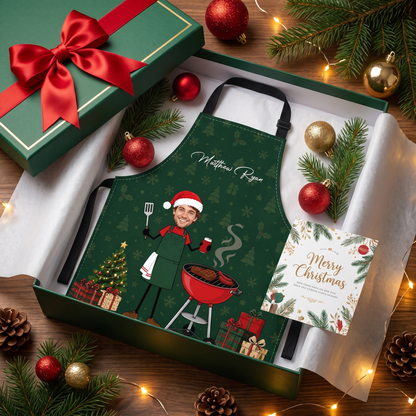 Personalized Christmas BBQ Apron with Photo & Name, Custom Grill Master Apron, Funny Holiday Gift for Dad, Husband & Grandpa