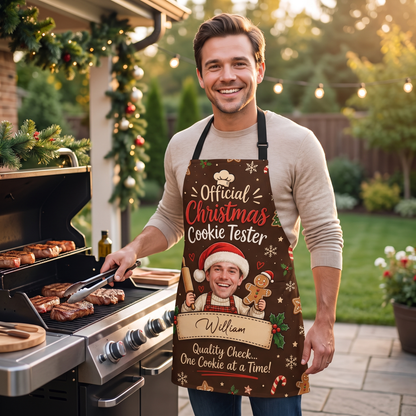 Personalized Christmas Cookie Tester Apron with Photo & Name, Official Christmas Cookie Tester Custom Apron, Holiday Baking Gift for Dad, Mom & Family