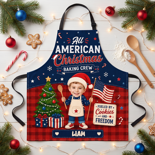 Navy and red plaid All American Christmas Baking Crew apron with custom photo kid, US flag and name