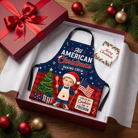 All American Christmas Baking Crew custom face apron in a red gift box with a bow and card