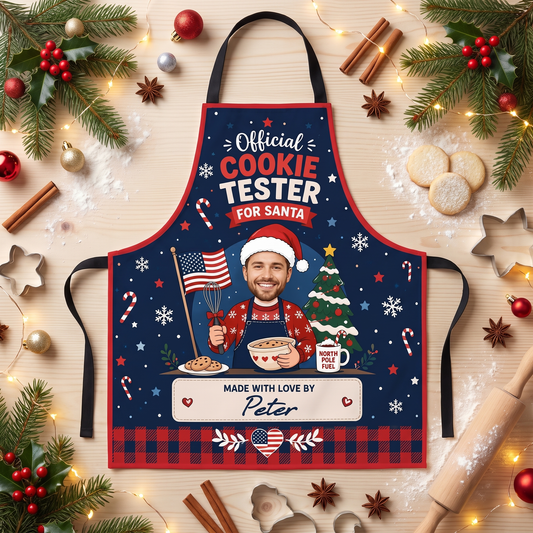 Navy Cookie Tester for Santa apron with custom photo face baker, US flag and Made With Love By custom name