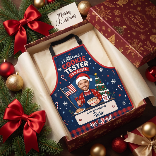 Navy Cookie Tester for Santa custom face apron in a red gift box with ribbon and card