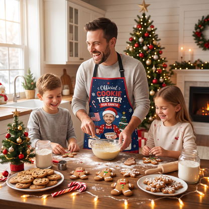 Personalized Official Cookie Tester for Santa Apron with Photo & Name, Made with Love by Custom Name Christmas Baking Apron, Holiday Gift for Kids & Family