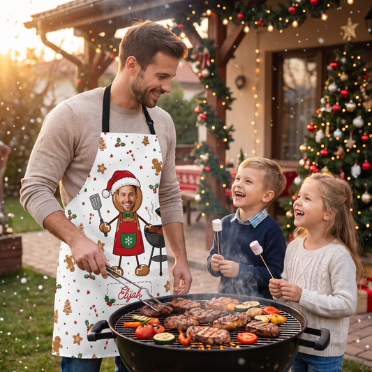 Dad grilling outdoors with two kids toasting marshmallows in a gingerbread BBQ custom face apron