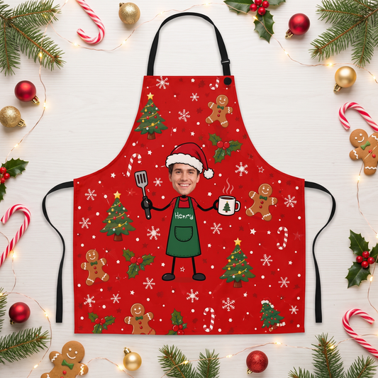 Red Christmas pattern apron with custom photo face cartoon chef in a Santa hat and name, flat lay