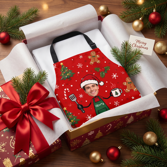 Red custom face gingerbread pattern apron in a gift box with a red satin bow and card