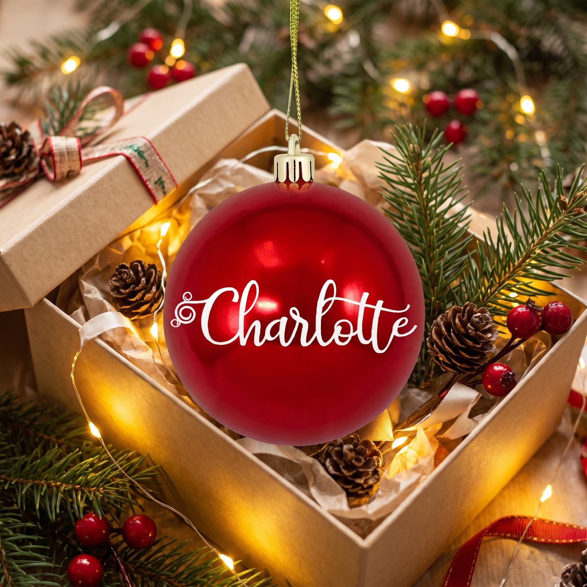 Personalized Name Christmas Ball Ornament - Red Shatterproof Plastic Holiday Hanging Bauble