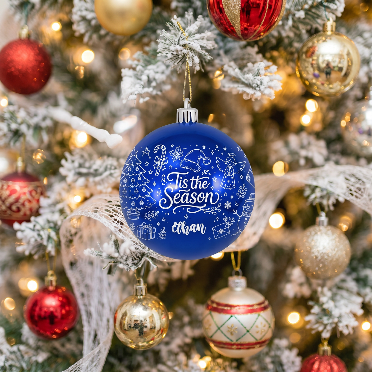 Personalized Name 'Tis The Season White Christmas Ball Ornament, Custom Shatterproof Plastic Holiday Bauble