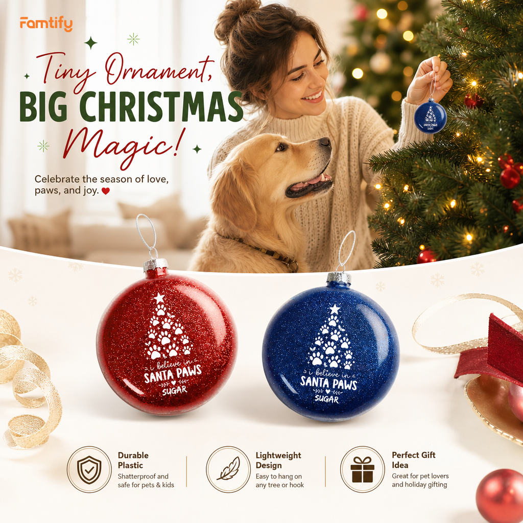 Personalized Dog Name I Believe In Santa Paws Red Glitter Ball Ornament, Double-Sided Shatterproof Plastic Pet Bauble