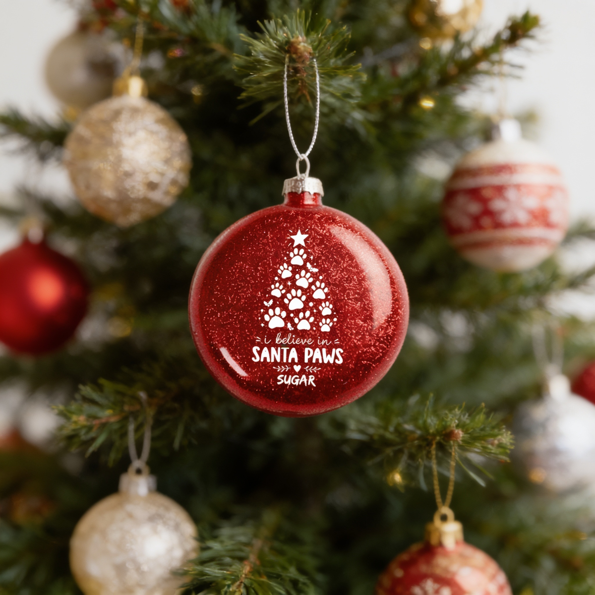 Personalized Dog Name I Believe In Santa Paws Red Glitter Ball Ornament, Double-Sided Shatterproof Plastic Pet Bauble