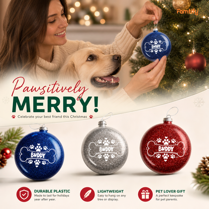 Personalized Dog Name Bone Paw Print Red Glitter Ball Ornament, Double-Sided Shatterproof Plastic Pet Bauble