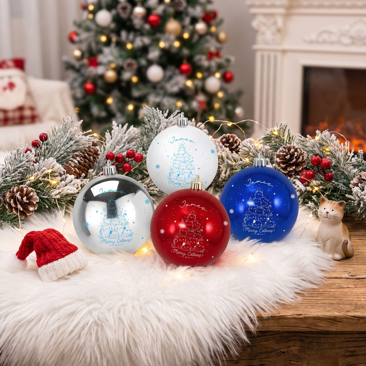 Personalized Name Merry Catmas Christmas Ball Ornament, Custom Cat Lover Shatterproof Plastic Holiday Bauble