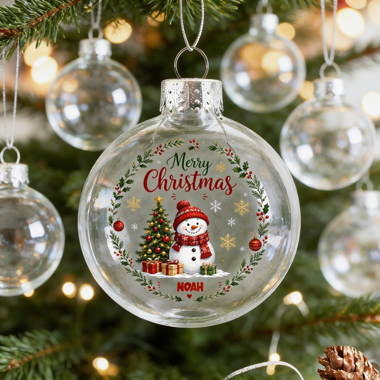 Clear ball ornament with a Merry Christmas snowman, tree and gifts in a holly wreath with custom name