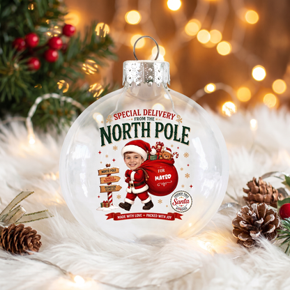 Custom Photo Kid Personalized Name Special Delivery From North Pole Clear Ball Ornament, Double-Sided Shatterproof Plastic Bauble