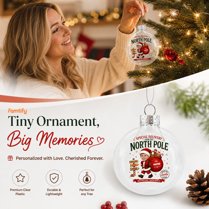Custom Photo Kid Personalized Name Special Delivery From North Pole Clear Ball Ornament, Double-Sided Shatterproof Plastic Bauble