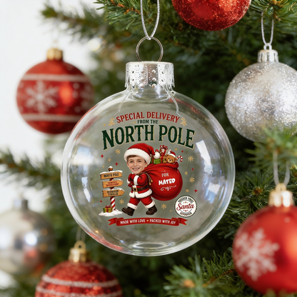 Custom Photo Kid Personalized Name Special Delivery From North Pole Clear Ball Ornament, Double-Sided Shatterproof Plastic Bauble