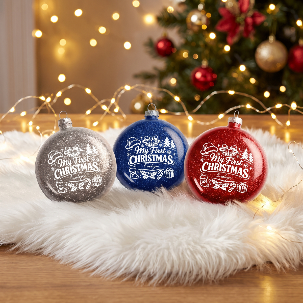 Personalized Baby Name My First Christmas Red Glitter Ball Ornament, Double-Sided Shatterproof Plastic Holiday Bauble