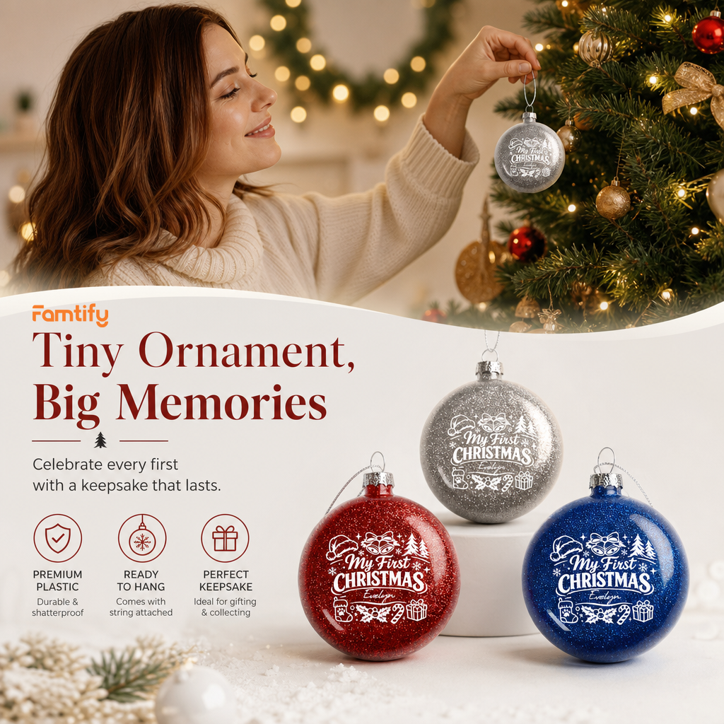 Personalized Baby Name My First Christmas Red Glitter Ball Ornament, Double-Sided Shatterproof Plastic Holiday Bauble