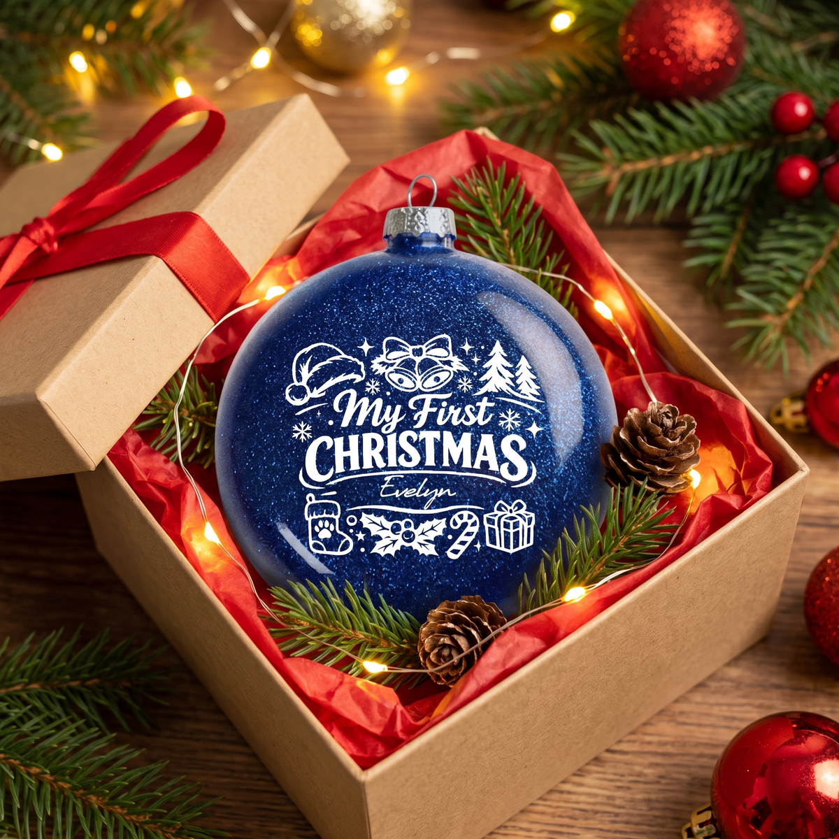 Personalized Baby Name My First Christmas Red Glitter Ball Ornament, Double-Sided Shatterproof Plastic Holiday Bauble