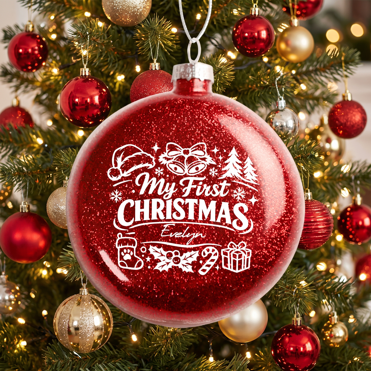 Personalized Baby Name My First Christmas Red Glitter Ball Ornament, Double-Sided Shatterproof Plastic Holiday Bauble