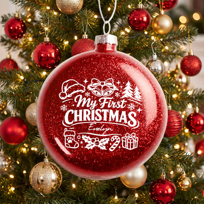 Personalized Baby Name My First Christmas Red Glitter Ball Ornament, Double-Sided Shatterproof Plastic Holiday Bauble