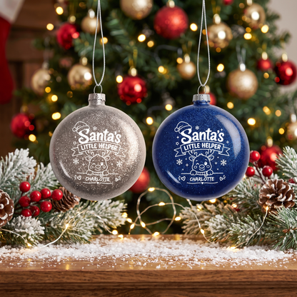 Personalized Name Santa's Little Helper Red Glitter Ball Ornament, Double-Sided Shatterproof Plastic Reindeer Bauble