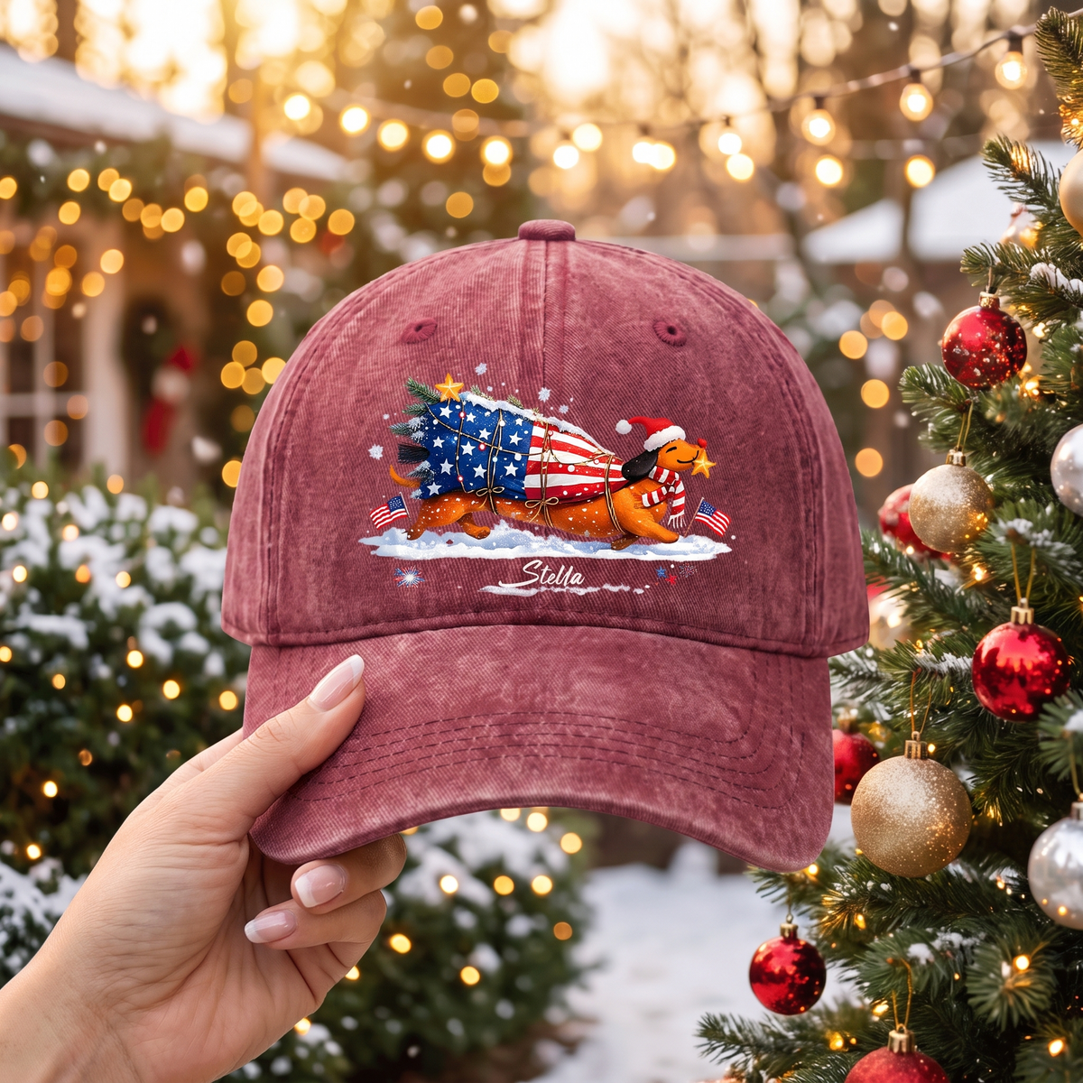 Personalized Christmas Dog Embroidered Baseball Cap, Stella Name Holiday Hat